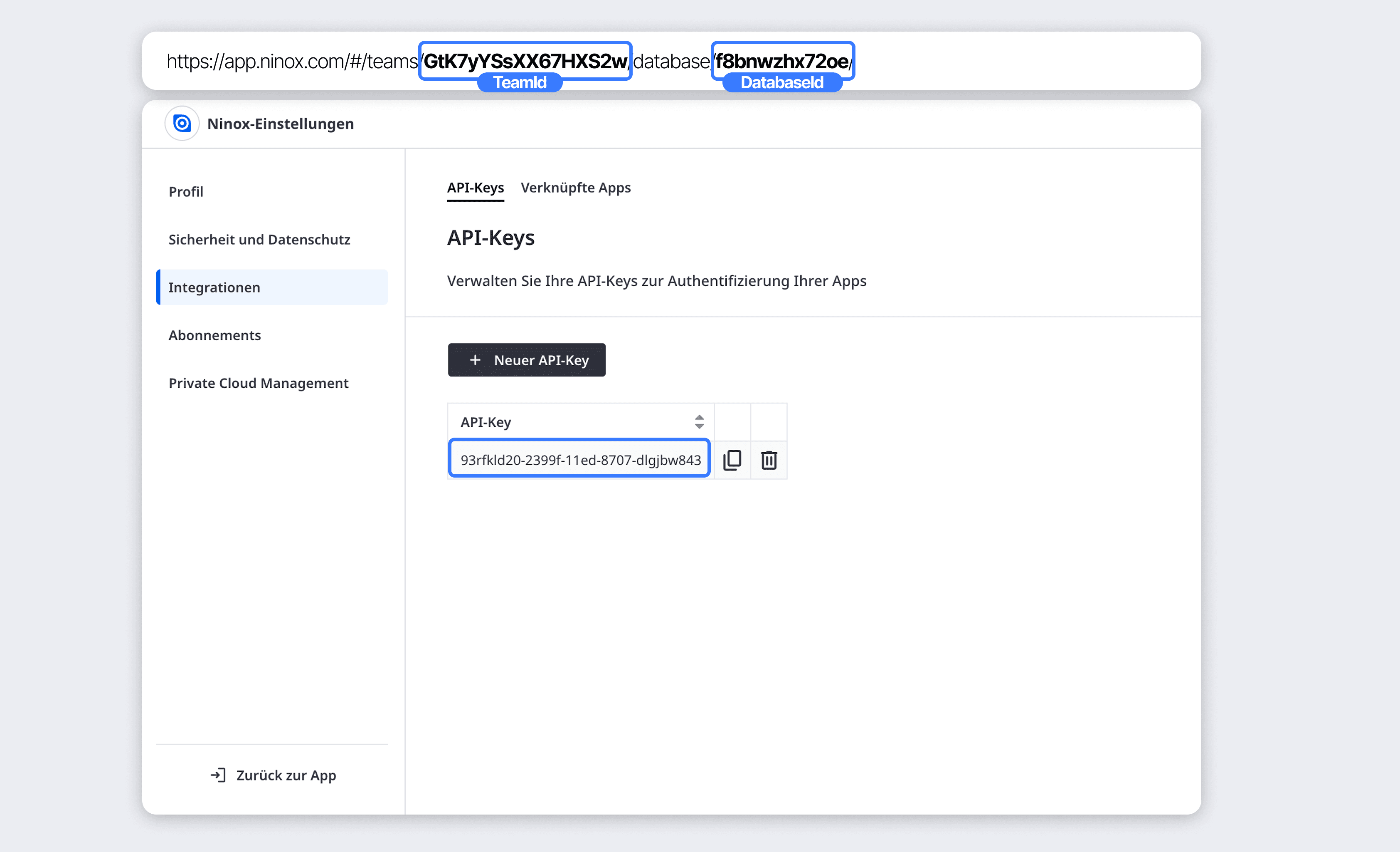 Crear una API key en los ajustes de Ninox